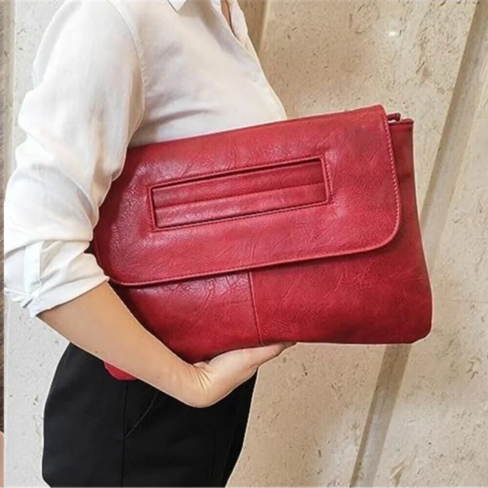Women Handbags Red Vegan Leather Clutch Handbag Messenger Bag Large Solid High